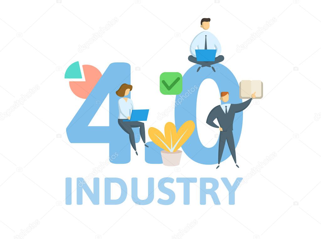 Industry 4.0. Concept with keywords, letters, and icons. Flat vector illustration. Isolated on white background.