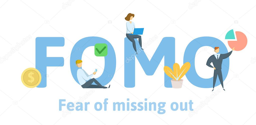 FOMO fear of missing out. Concept with keywords, letters, and icons. Flat vector illustration. Isolated on white background.