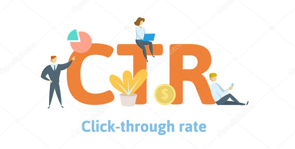 CTR, click trough rate. Concept with keywords, letters, and icons. Flat vector illustration. Isolated on white background.