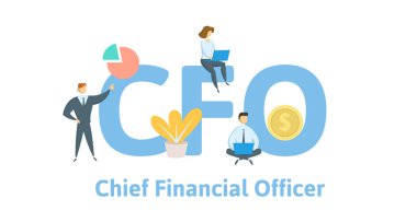 CFO, mali işler müdürü. Anahtar kelimeler, harfler ve simgeler konseptiyle. Düz vektör çizim. Beyaz arka plan üzerinde izole.