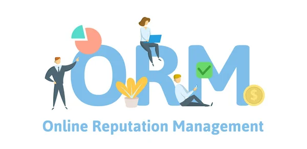 ORM Online itibar yönetimi. Anahtar kelimeler, harfler ve simgeler konseptiyle. Düz vektör çizim. Beyaz arka plan üzerinde izole. — Stok Vektör
