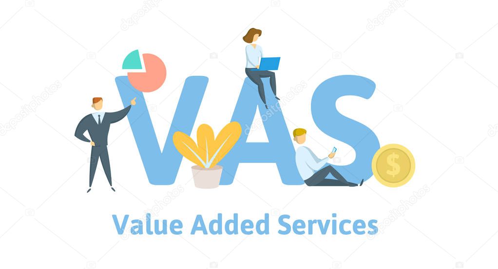 VAS, Value Added Services. Concept with keywords, letters, and icons. Flat vector illustration. Isolated on white background.