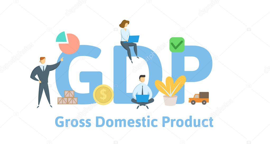 GDP, Gross Domestic Product. Concept with keywords, letters and icons. Flat vector illustration. Isolated on white background.