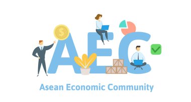 AEC, Asean ekonomi topluluğu. Anahtar kelimeler, harfler ve simgeler konseptiyle. Düz vektör çizim. Beyaz arka plan üzerinde izole.