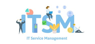 ITSM, bilgi teknoloji hizmet yönetimi, kısaltma iş kavramı. Anahtar kelimeler, harfler ve simgeler konseptiyle. Düz vektör çizim. Beyaz arka plan üzerinde izole.