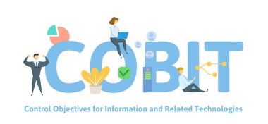 COBIT, bilgi ve ilgili teknolojiler için hedefleri denetler. Anahtar kelimeler, harfler ve simgeler konseptiyle. Düz vektör çizim. Beyaz arka plan üzerinde izole.