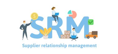 SRM, tedarikçi ilişkileri yönetimi. Anahtar kelimeler, harfler ve simgeler konseptiyle. Düz vektör çizim. Beyaz arka plan üzerinde izole.
