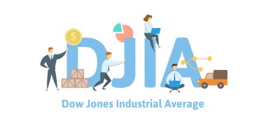 Konum, dow jones Industrial average. Anahtar kelimeler, harfler ve simgeler konseptiyle. Düz vektör çizim. Beyaz arka plan üzerinde izole.