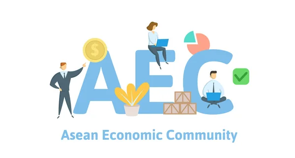 AEC, Společenství Asean ekonomie. Koncepce výrobních řad s klíčová slova, písmena a ikony. Plochá vektorové ilustrace. Izolované na bílém pozadí. — Stockový vektor