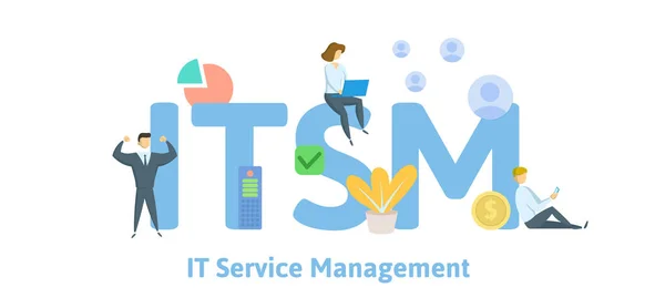ITSM, υπηρεσία διαχείρισης των πληροφοριών τεχνολογίας, ακρωνύμιο της επιχειρηματικής ιδέας. Έννοια με λέξεις-κλειδιά, γράμματα και εικόνες. Επίπεδη διανυσματικά εικονογράφηση. Απομονωμένα σε λευκό φόντο. — Διανυσματικό Αρχείο