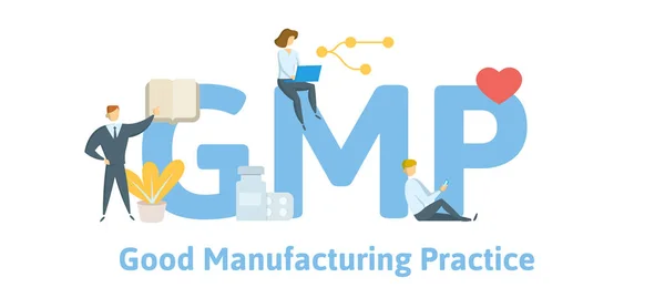 GMP, Good Manufacturing Practice. Koncept med sökord, bokstäver och symboler. Flat vektorillustration. Isolerad på vit bakgrund. — Stock vektor