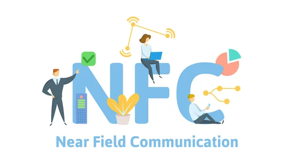 Nfc 기술, 무선 통신 근처입니다. 키워드, 편지와 아이콘 개념입니다. 평면 벡터 일러스트입니다. 흰색 배경에 고립. — 스톡 벡터