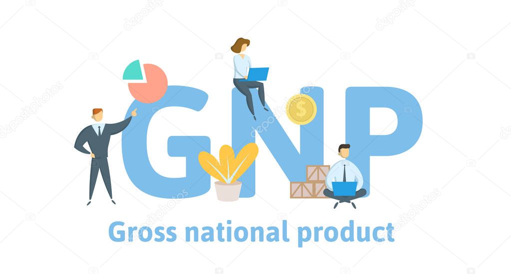 GNP, gross national product. Concept with keywords, letters and icons. Flat vector illustration. Isolated on white background.