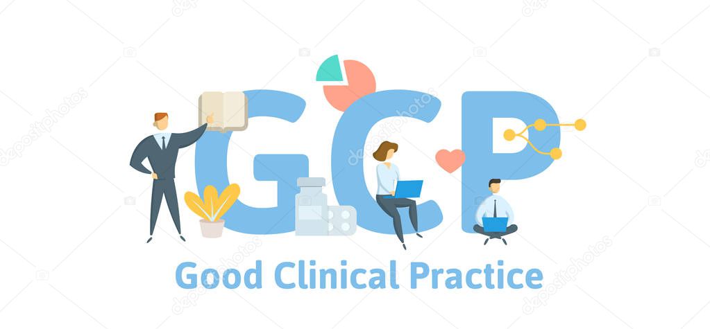 GCP, Good Clinical Practice. Concept with keywords, letters and icons. Flat vector illustration. Isolated on white background.
