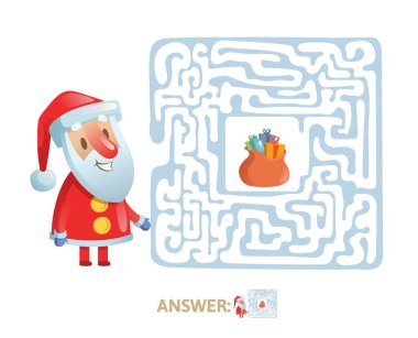 Kış labirent oyunu. Komik Noel Baba karakteri ve cevap labirent. Düz vektör çizim. Beyaz arka plan üzerinde izole.