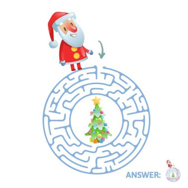 Kış labirent oyunu. Komik Noel Baba karakteri ve cevap labirent. Düz vektör çizim. Beyaz arka plan üzerinde izole.