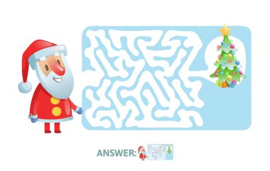 Kış labirent oyunu. Komik Noel Baba karakteri ve cevap labirent. Düz vektör çizim. Beyaz arka plan üzerinde izole.