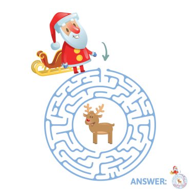 Kış labirent oyunu. Komik Noel Baba karakteri ve cevap labirent. Düz vektör çizim. Beyaz arka plan üzerinde izole.