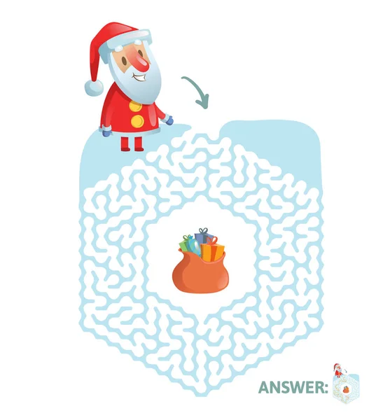 Juego de laberinto de invierno. Laberinto con divertido personaje de Santa y respuesta. Ilustración vectorial plana. Aislado sobre fondo blanco . — Vector de stock