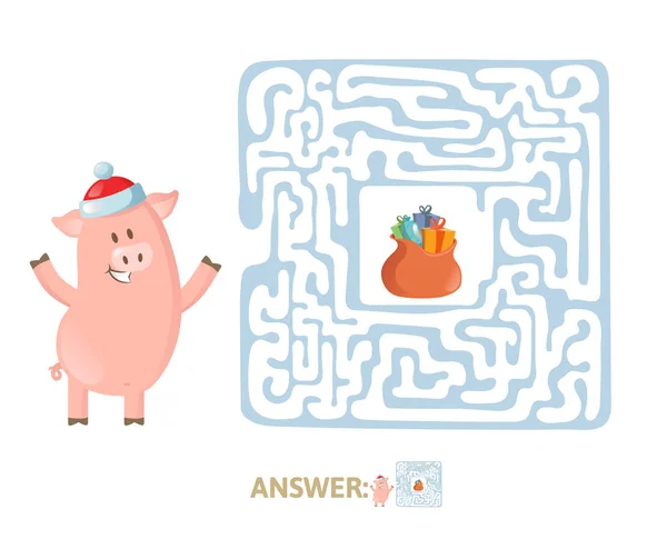 Vinter labyrint spel. Labyrint med roliga Piggy karaktär och svar. Flat vektorillustration. Isolerad på vit bakgrund. — Stock vektor