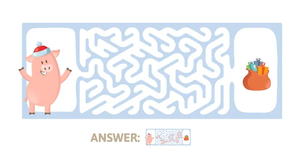 Vinter labyrint spel. Labyrint med roliga Piggy karaktär och svar. Flat vektorillustration. Isolerad på vit bakgrund. — Stock vektor