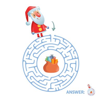 Kış labirent oyunu. Komik Noel Baba karakteri ve cevap labirent. Düz vektör çizim. Beyaz arka plan üzerinde izole.