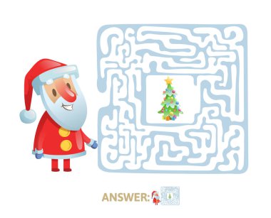 Kış labirent oyunu. Komik Noel Baba karakteri ve cevap labirent. Düz vektör çizim. Beyaz arka plan üzerinde izole.