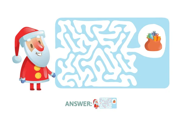 Jeu d'hiver labyrinthe. Labyrinthe avec personnage drôle de Père Noël et réponse. Illustration vectorielle plate. Isolé sur fond blanc . — Image vectorielle