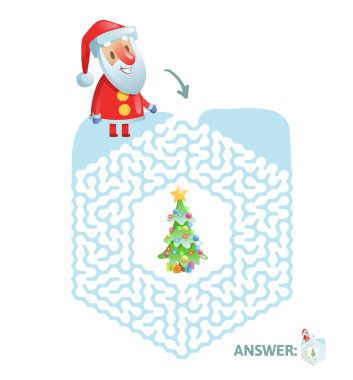 Kış labirent oyunu. Komik Noel Baba karakteri ve cevap labirent. Düz vektör çizim. Beyaz arka plan üzerinde izole.