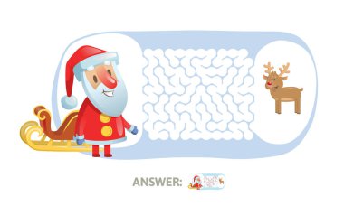 Kış labirent oyunu. Komik Noel Baba karakteri ve cevap labirent. Düz vektör çizim. Beyaz arka plan üzerinde izole.