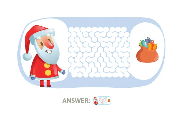 Jogo do Labirinto de Inverno. Labirinto com caráter engraçado de Papai Noel e resposta. Ilustração vetorial plana. Isolado sobre fundo branco . — Vetor de Stock