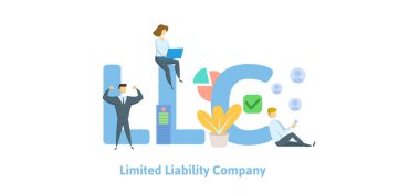 LLC, Limited Şirket. Anahtar kelimeler, harfler ve simgeler konseptiyle. Renkli düz vektör çizim. Beyaz arka plan üzerinde izole.