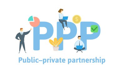 PPP, kamu-özel sektör ortaklığı. Anahtar kelimeler, harfler ve simgeler konseptiyle. Düz vektör çizim. Beyaz arka plan üzerinde izole.
