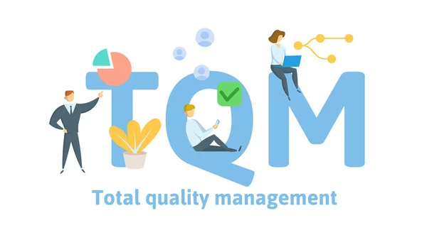 TQM, Total Quality Management. Concept met trefwoorden, brieven en pictogrammen. Platte vectorillustratie. Geïsoleerd op witte achtergrond. — Stockvector