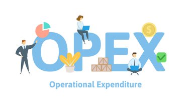 OPEX, operasyonel harcama. Anahtar kelimeler, harfler ve simgeler konseptiyle. Düz vektör çizim. Beyaz arka plan üzerinde izole.