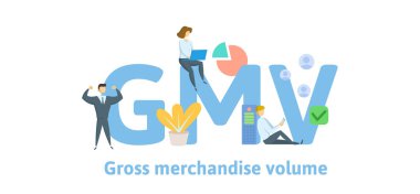 GMV, brüt mal birim. Anahtar kelimeler, harfler ve simgeler konseptiyle. Düz vektör çizim. Beyaz arka plan üzerinde izole.