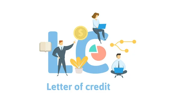 LC, Letter of Credit. Concept met trefwoorden, brieven en pictogrammen. Platte vectorillustratie. Geïsoleerd op witte achtergrond. — Stockvector