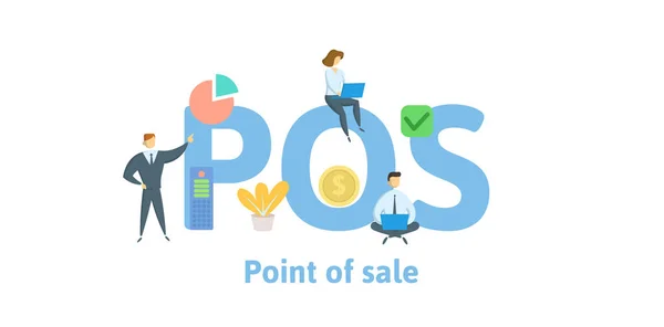 POS, Point of Sale. Concept met trefwoorden, brieven en pictogrammen. Platte vectorillustratie. Geïsoleerd op witte achtergrond. — Stockvector