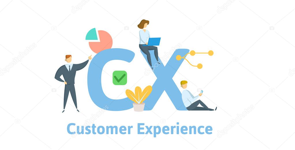CX, Customer experience. Concept with keywords, letters and icons. Flat vector illustration. Isolated on white background.