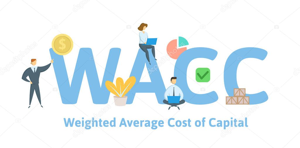 WACC, Weighted Average Cost of Capital. Concept with keywords, letters and icons. Colored flat vector illustration. Isolated on white background.