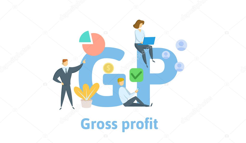 GP, Gross Profit. Concept with keywords, letters and icons. Flat vector illustration. Isolated on white background.