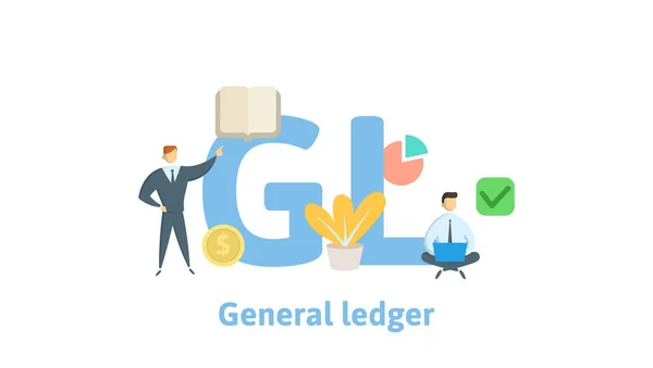 GL, Général Ledger. Concept avec mots clés, lettres et icônes. Illustration vectorielle plate. Isolé sur fond blanc . — Image vectorielle