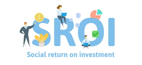SROI, Social Return On Investment. Concept met trefwoorden, brieven en pictogrammen. Platte vectorillustratie. Geïsoleerd op witte achtergrond. — Stockvector