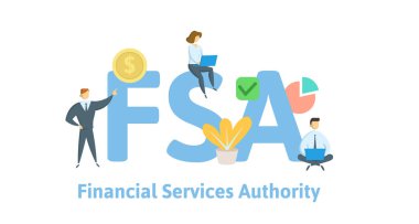 FSA, Finansal Hizmetler Otoritesi. Anahtar kelimeler, harfler ve simgeler konseptiyle. Düz vektör çizim. Beyaz arka plan üzerinde izole.