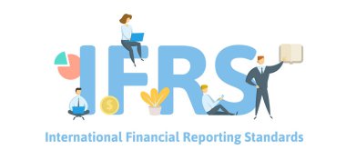 UFRS uluslararası finansal raporlama standartları. Anahtar kelimeler, harfler ve simgeler konseptiyle. Düz vektör çizim. Beyaz arka plan üzerinde izole.