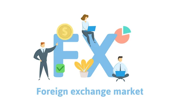 FX, Foreign Exchange markt. Concept met trefwoorden, brieven en pictogrammen. Platte vectorillustratie. Geïsoleerd op witte achtergrond. — Stockvector