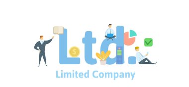 Ltd, Limited şirketi. Anahtar kelimeler, harfler ve simgeler konseptiyle. Düz vektör çizim. Beyaz arka plan üzerinde izole.