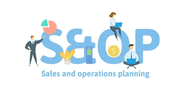 SOP, Sales en operations planning. Concept met trefwoorden, brieven en pictogrammen. Platte vectorillustratie. Geïsoleerd op witte achtergrond. — Stockvector