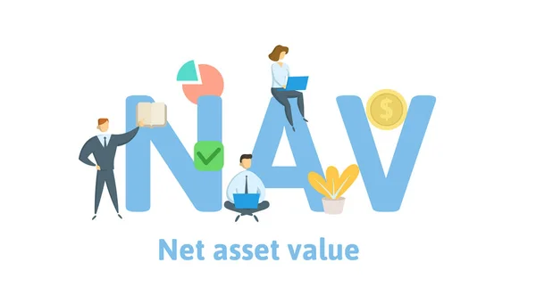 NAV, netto-inventariswaarde. Concept met trefwoorden, brieven en pictogrammen. Platte vectorillustratie. Geïsoleerd op witte achtergrond. — Stockvector