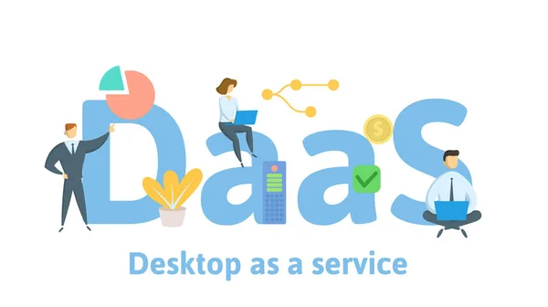 DaaS, Desktop as a Service. Концепция с людьми, письмами и иконами. Плоский векторный рисунок. Изолированный на белом фоне . — стоковый вектор